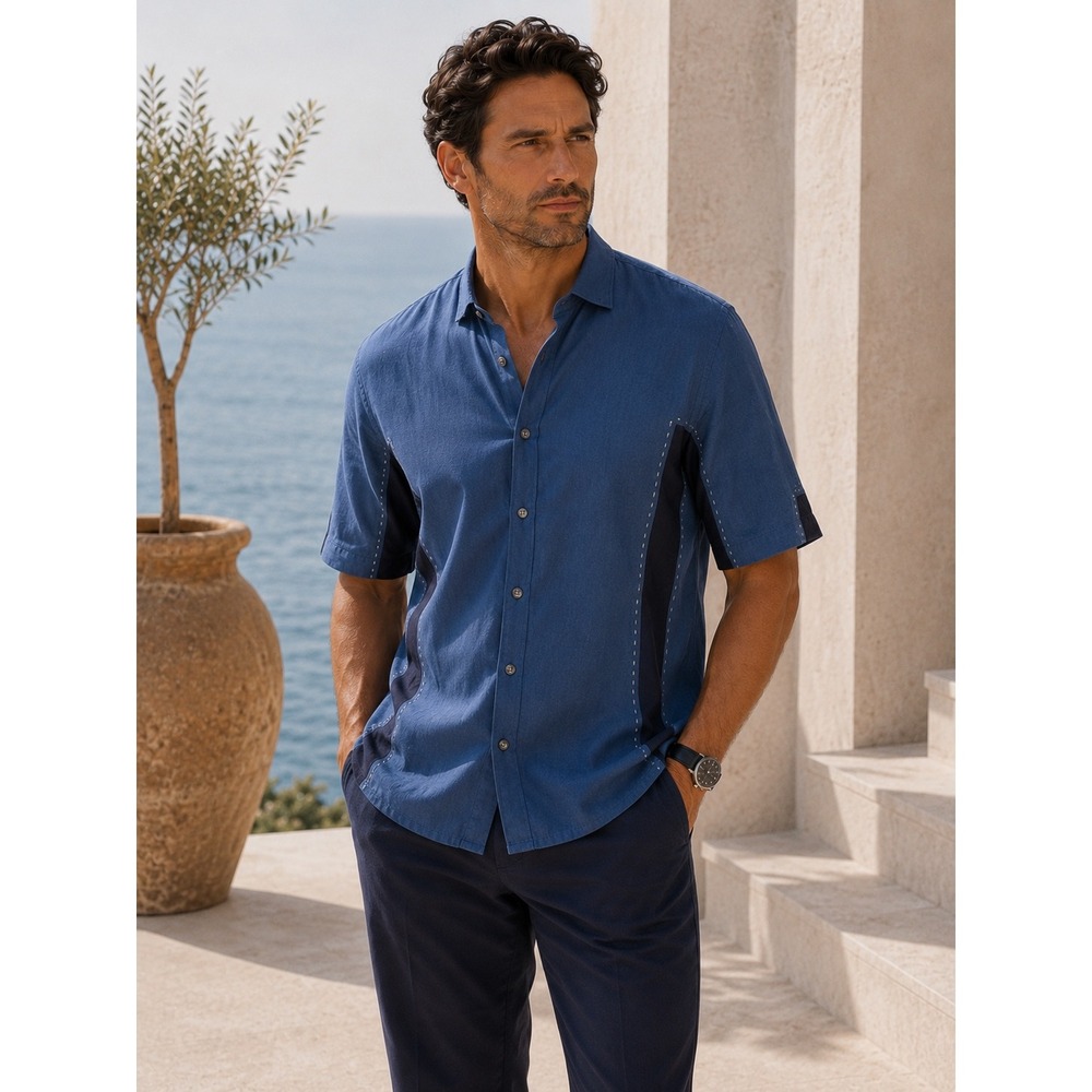 Cortigiani Made in Italy Blue Linen Silk Button Front Shirt Men's 60 XL Luxury